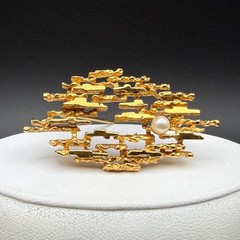 Vintage Gold Tone Metal Faux Pearl Accent Brooch Abstract Mid Century Brutalist