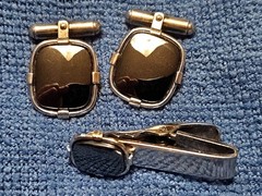 Vintage DECO Cufflinks & Tie Bar Clip Sterling Silver BLACK HEMITITE STONE