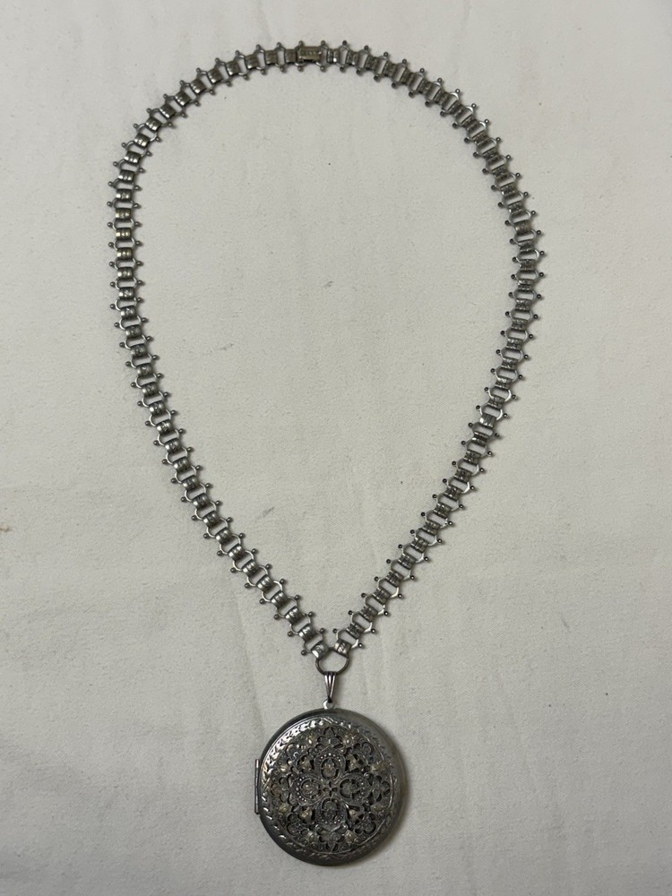 Vtg Victorian Revival Silver Tone Book Chain Locket Pendant Necklace Dbl Sided