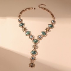 Vintage Glam Green stone Tiger Eye Choker Gold Victorian Statement Necklace gift