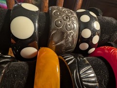15 Vintage Carved Polkadot Colorful Lucite? Thermoset? Bracelets