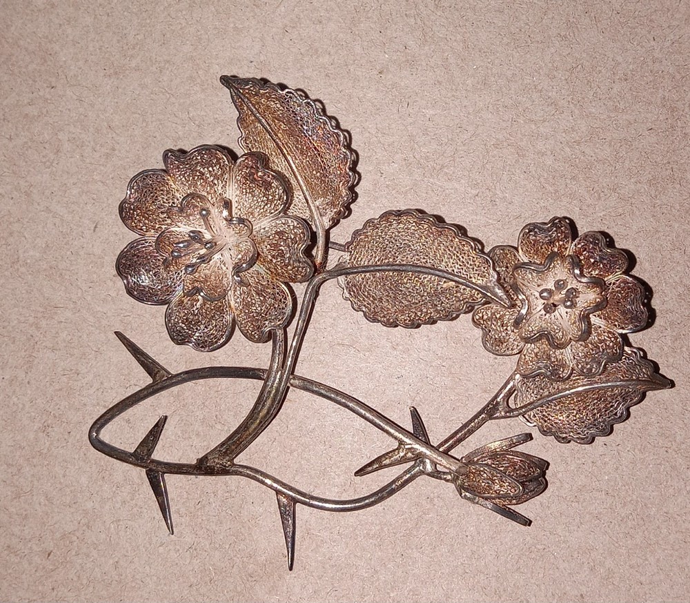 Large Vintage Silver Plate? Filigree Flower Rose Pin Brooch