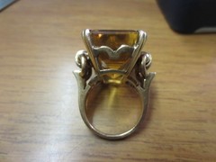 Vintage 14KT Solid Yellow Gold Huge (26mm x 17mm) Yellow Topaz Ring w/ Ruby & Di