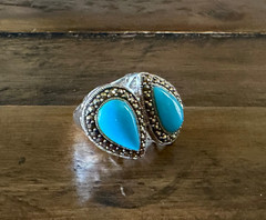 Marcasite Sterlling Silver Chunky Ring, Double Teardrop Turquoise Stone Ring