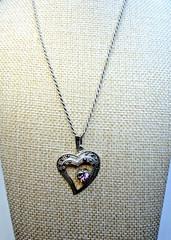 Sterling Silver Marcasite Double Heart Pink CZ Pendant and 16″ Rope Necklace