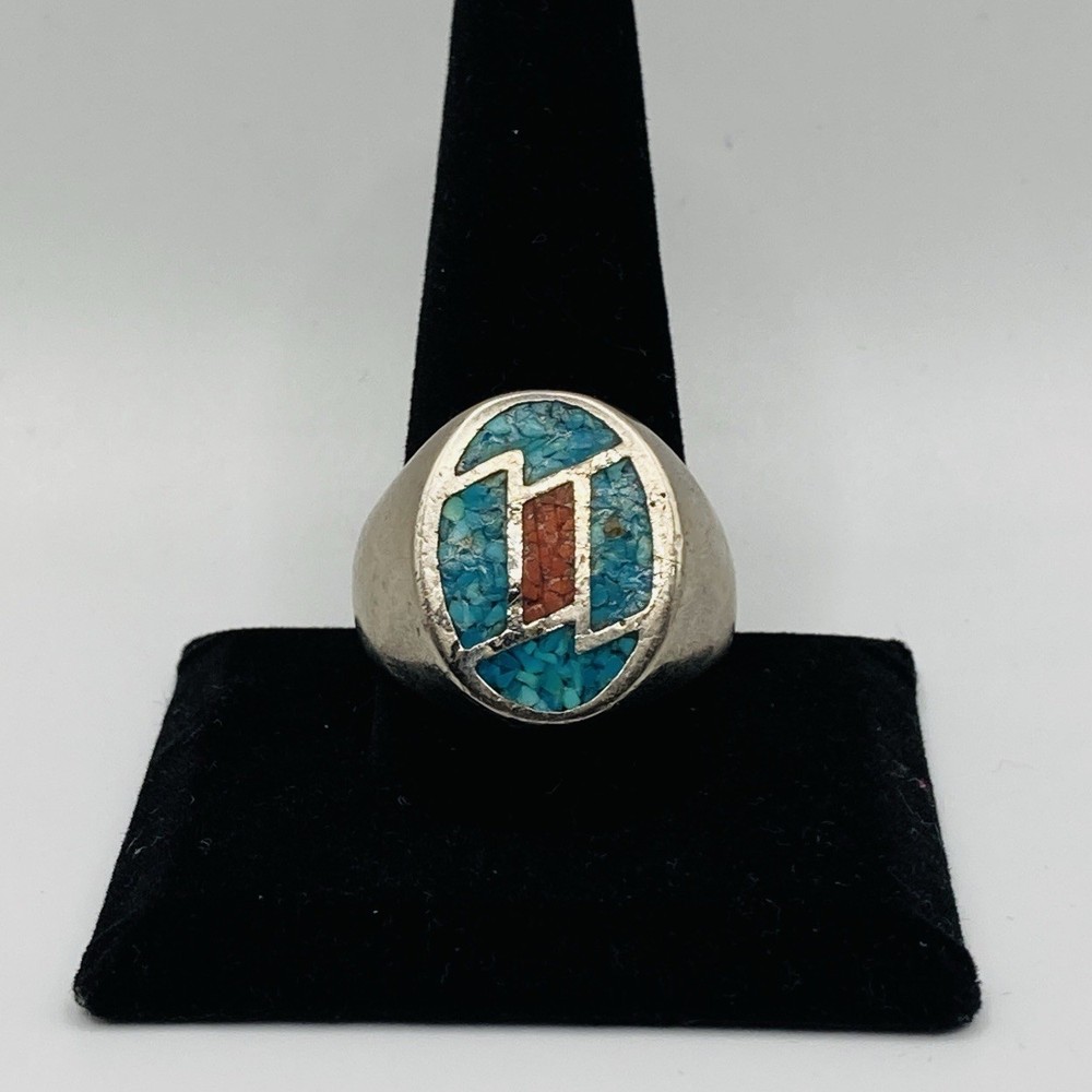 Vintage Navajo 925 Sterling Silver Turquoise Red Coral Signet Ring Size 12.5 12g