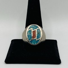 Vintage Navajo 925 Sterling Silver Turquoise Red Coral Signet Ring Size 12.5 12g