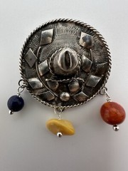 Vintage Sterling Silver Hat Sombrero Lapis Amber Coral Brooch 4.5cm JB23