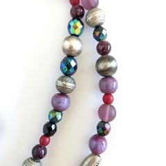 Bold 80s Eclectic Boho Roxsann Purple Floral Pewter Repousse Statement Necklace
