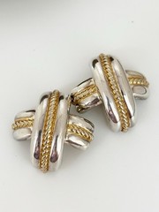 Vintage 1990’s Silver And Gold Tone X Shaped Modern Clip Earrings Chunky