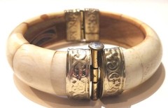 3 vintage India bone horn brass hinged clamper medallion cab gem bracelets