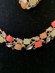 Vtg Thermoset Necklace Bracelet Earring Set Sherbet Melon Lucite Stone Gold Leaf
