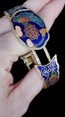 Vintage Cloisonne Cobalt Blue Floral Butterfly Enamel Bracelet Gold Tone