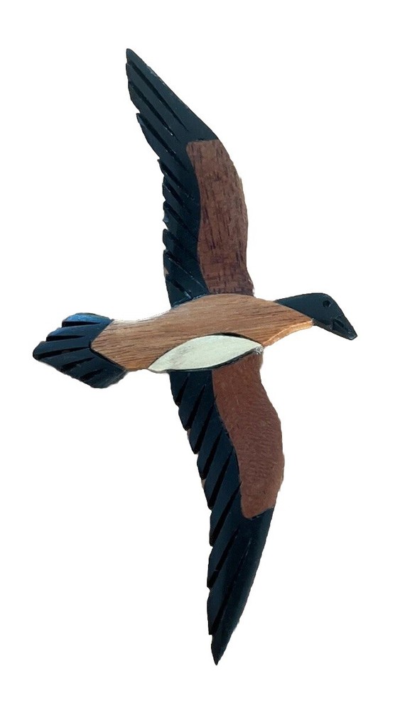 Hand Made Varied Wood Bird In Flight Pin Brooch