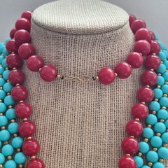 Vintage Red Lucite 30″ & Turquoise Acrylic Bead 60″ Necklace Lot opera Boho