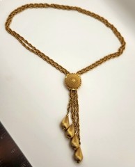 Vintage Gold Tone Lariat Necklace Adjustable Slider Bead Tassel Drop Statement