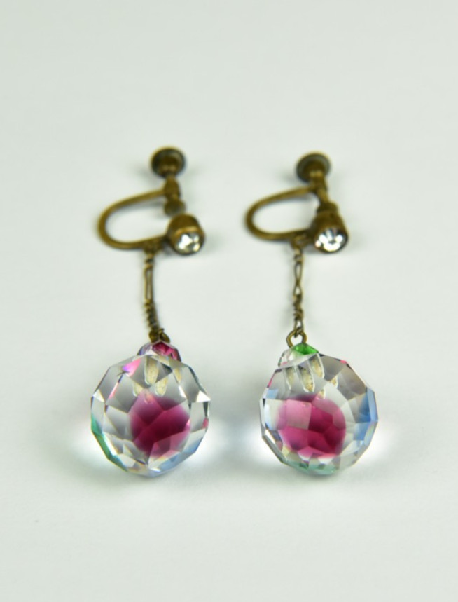 Vintage Czechoslovakia Czech Glass Dangle Screw Back Earrings Signed