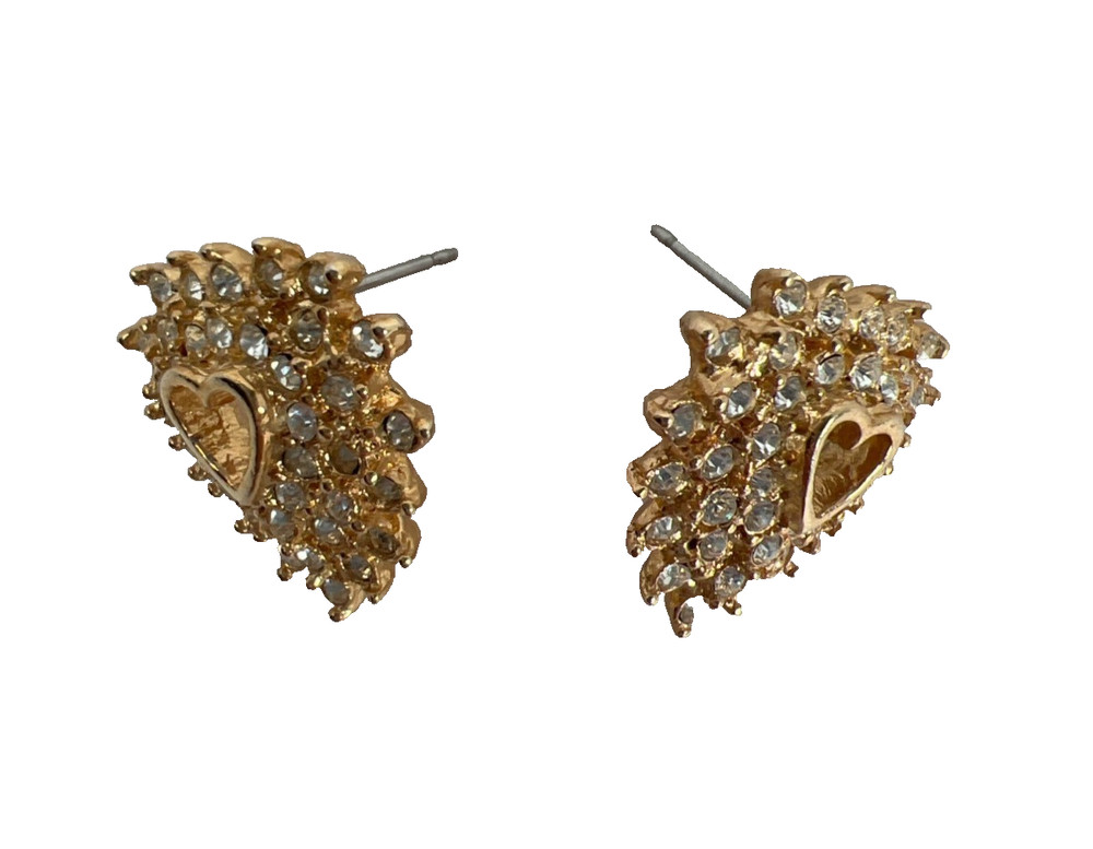 Jewelry -Earrings Marked ROMAN Gold-Tone Heart-Shaped Rhinestone Crystal Studded