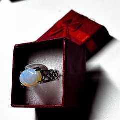 Vintage Style Silver Tone Opalite Glass Oval Cabochon Statement Ring Size 8