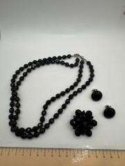 Vintage Jet Black Faceted Bead Double Strand Necklace Earring Brooch Jewelry Set