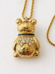 Vintage Teddy Bear Locket Necklace Gold Tone Rhinestone Hidden Honey Pot 34”