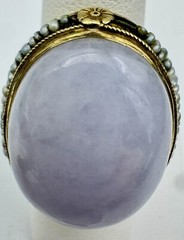 VINTAGE ANTIQUE 14K YELLOW GOLD GENUINE LAVENDER JADE SEED PEARL RING SZ. 6 3/4