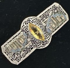 Vintage Rhodium Plated Filigree Gold Marquise Glass Baguette Brooch Art Deco