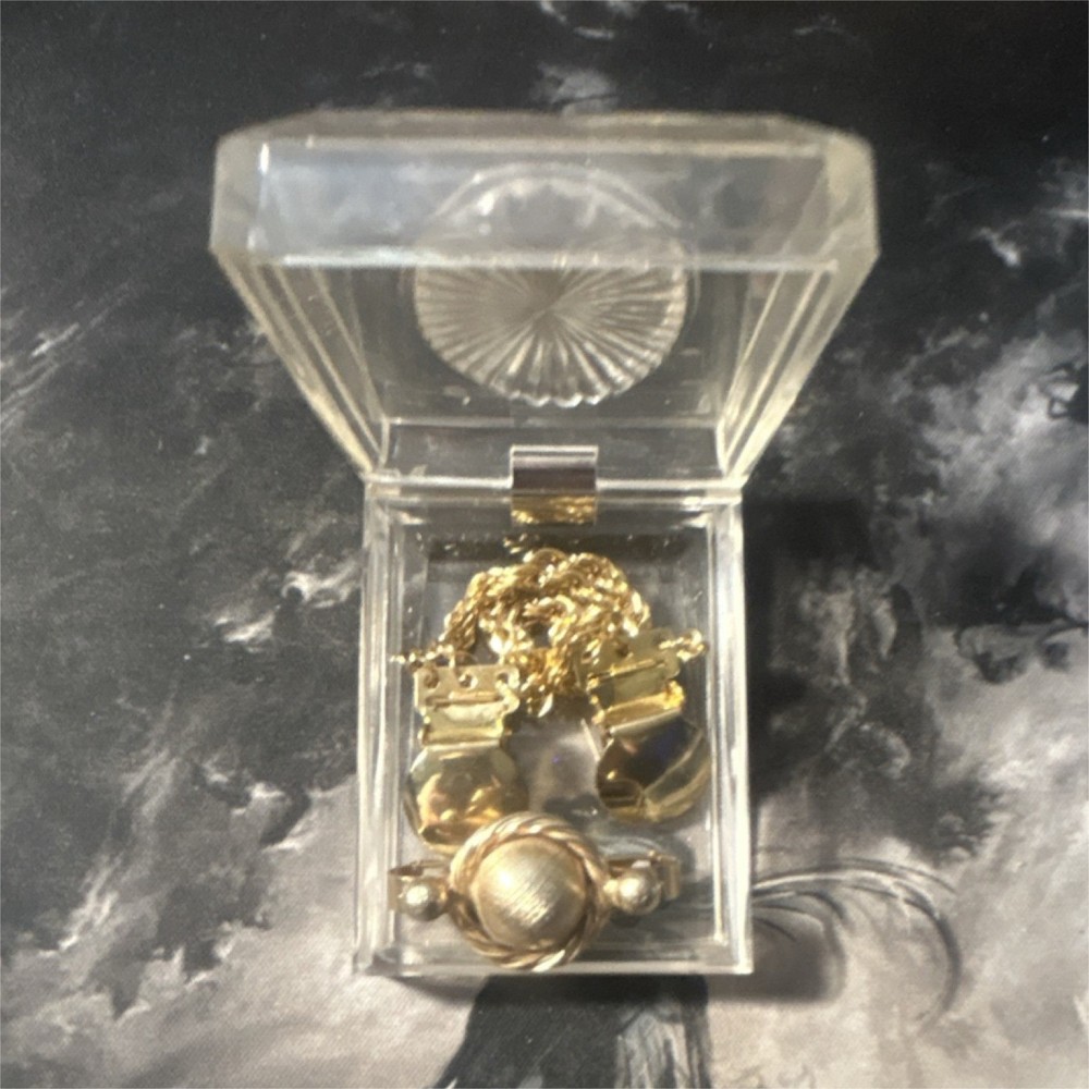 Assorted Gold Tone Metal Jewelry Charms Lot in Clear Plastic Box, No Stone