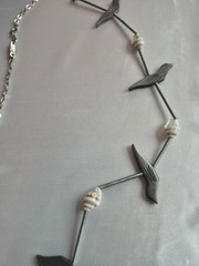 90’s Signed Hobé Bird Necklace Silver Tone Modernist Nature Shell Accent Artisan