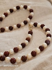 Vintage Pearl & Red Ocean Jasper Beaded Necklace 24 Inches Gold Clasp