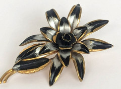 Vintage Gold Tone Black Silver Enamel Brooch Pin Floral Made In Austria 2.3/8in
