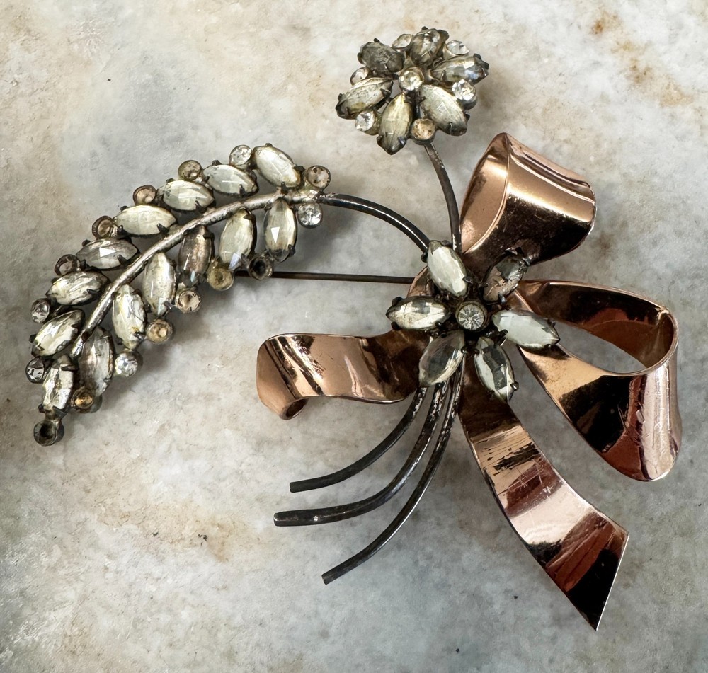1940’s Sterling Corocraft rhinestone copper floral bow brooch 3 1/8″