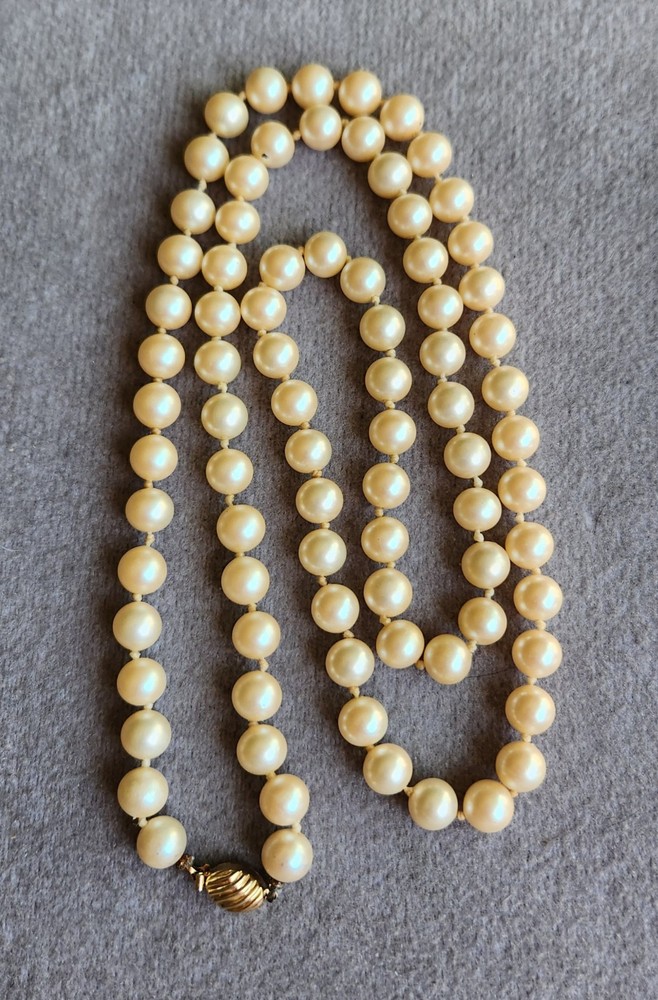 Vintage Marvella Single Strand Knotted Faux Pearl Necklace 28” Gold Tone Clasp