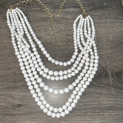 Vintage MCM White 7 Strand Chunky Statement Necklace BIB 30in Long Acrylic Beads