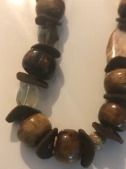 RIVER STONE BEADS LEATHER STATEMENT NECKLACE AMAZING 1980’S VINTAGE 36″