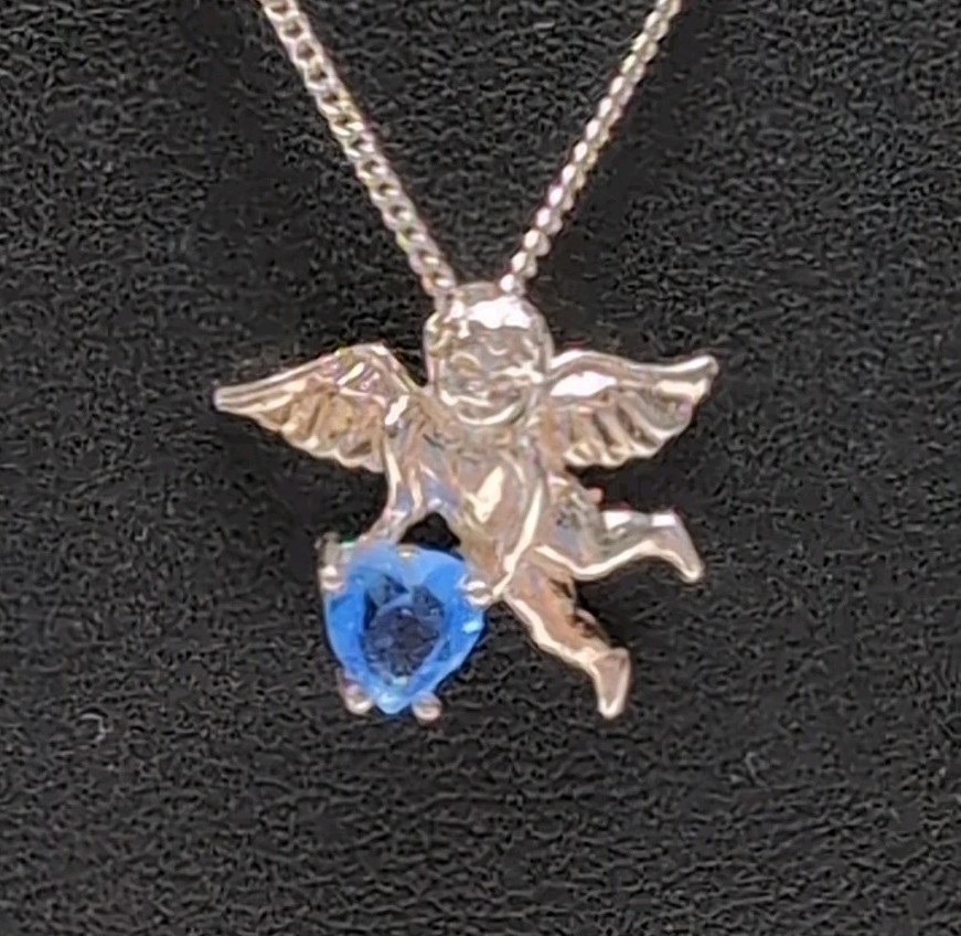 Vtg Avon Sterling Silver Cherub Angel Pendant Necklace Blue Heart CZ 18″ NEW