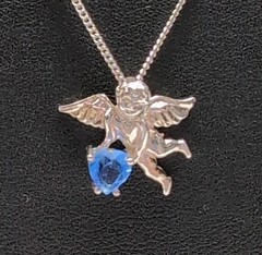 Vtg Avon Sterling Silver Cherub Angel Pendant Necklace Blue Heart CZ 18″ NEW