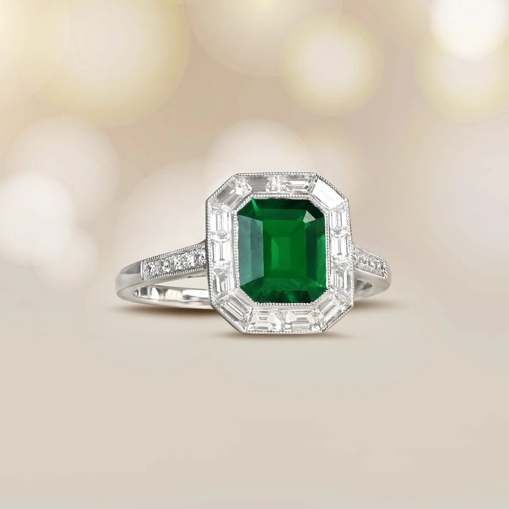 A Rare Colombian Emerald and Lab Created Diamond Halo 925 Sterling Silver Ring