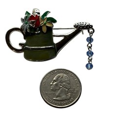 Watering Can Brooch Pin Green Enamel Floral Blue Dangle Beads Gardening Nature