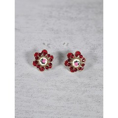 Vintage Red Floral Stud Earrings Rhinestone Rose Enamel Gold Tone