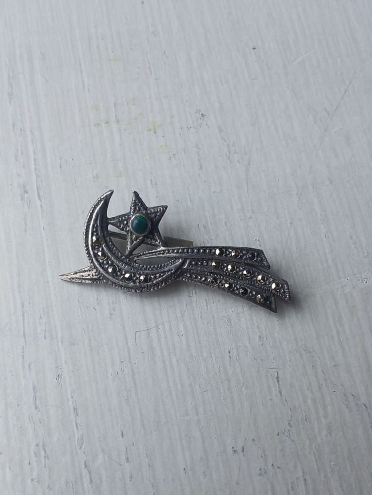 ✨ Vintage Sterling Silver Marcasite Celestial Crescent Moon & Star Brooch Pin ✨