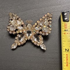 Signed Kramer Rhinestone Butterfly Brooch Clear & AB Gold Tone Vintage 1950s