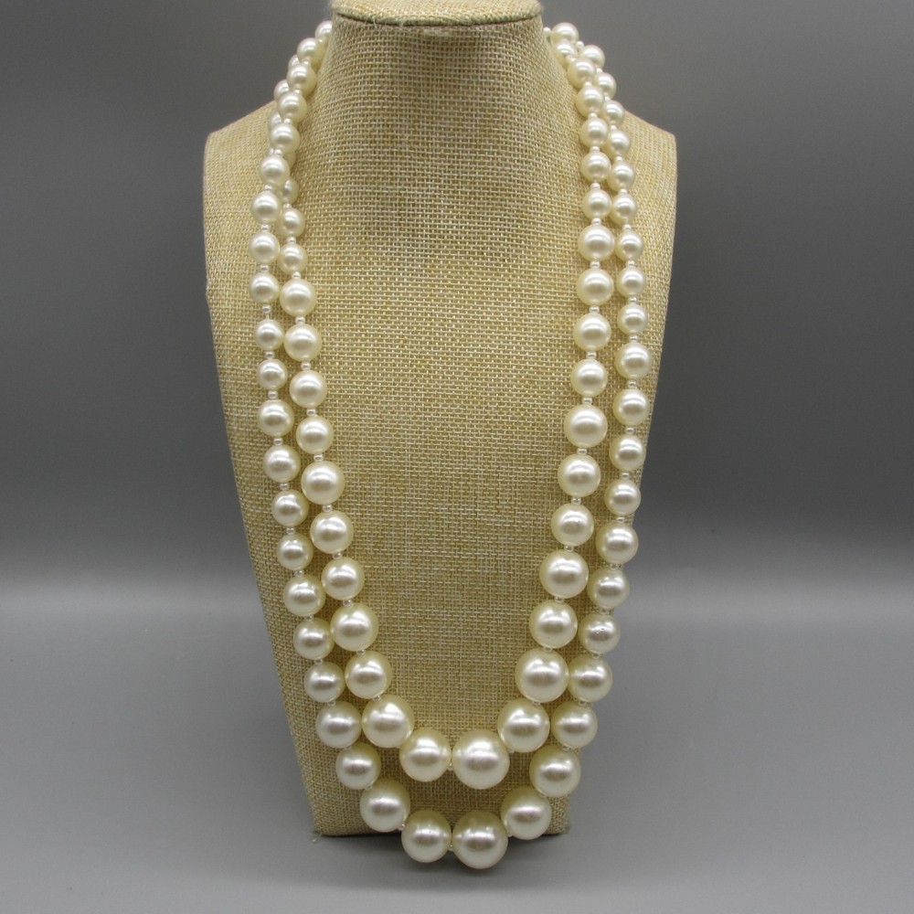 Vintage Hong Kong Necklace Simulated Pearl Graduated Double Strand 24 Inch