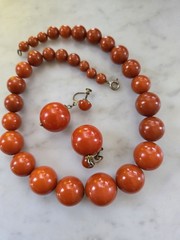 Antique BAKELITE NECKLACE Tapered Beads w RARE MATCHING EARINGS 3 pc Red Orange