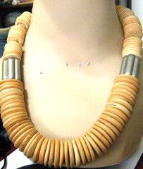 Vtg 70s Necklace Wooden Disc Beaded Boho Style w 2 metallic cylinder spacers