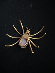 Vintage Czech Spider Brooch Gold Cats Eye Glass Cabochon Purple Rhinestone