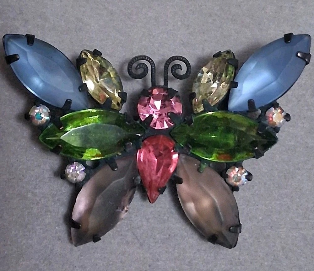 Vintage Juliana butterfly brooch multi color & shape prong set stones