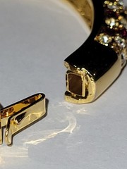 Red White Rhinestone Goldtone Hinge Bangle Bracelet Glam Fashion CostumeJewelry