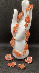Vntg JAPAN 16 inch Choker Styler Necklace 2 pair Clip Earrings Coral Color 1950s