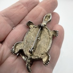 Vintage Japan Glass Cabochon & Brass Large Turtle Brooch with Rhinestone Eyes